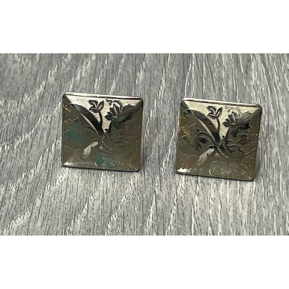 Other - Vintage‎ Gold Tone Etched Floral Design Cufflinks Square Mens Fashion Jewelry